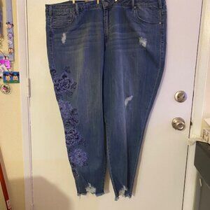 Lane Bryant - Mid-Rise Skinny Embroidered Purple Flowers Accents Jeans